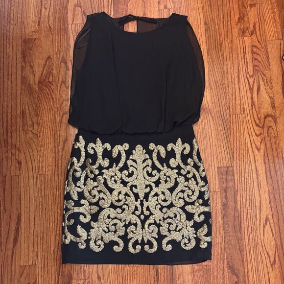 BETSY & ADAM Black Chiffon Gold Sequin Cocktail Dress – Size 10 - Picture 1 of 7